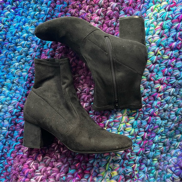 Black Faux Suede Block Heel Ankle Booties - Picture 2 of 5